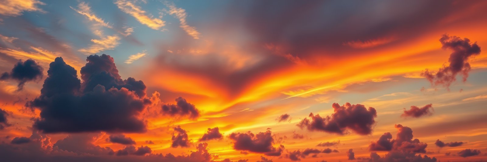 Dark, dramatic clouds are silhouetted against a breathtaking sunset
